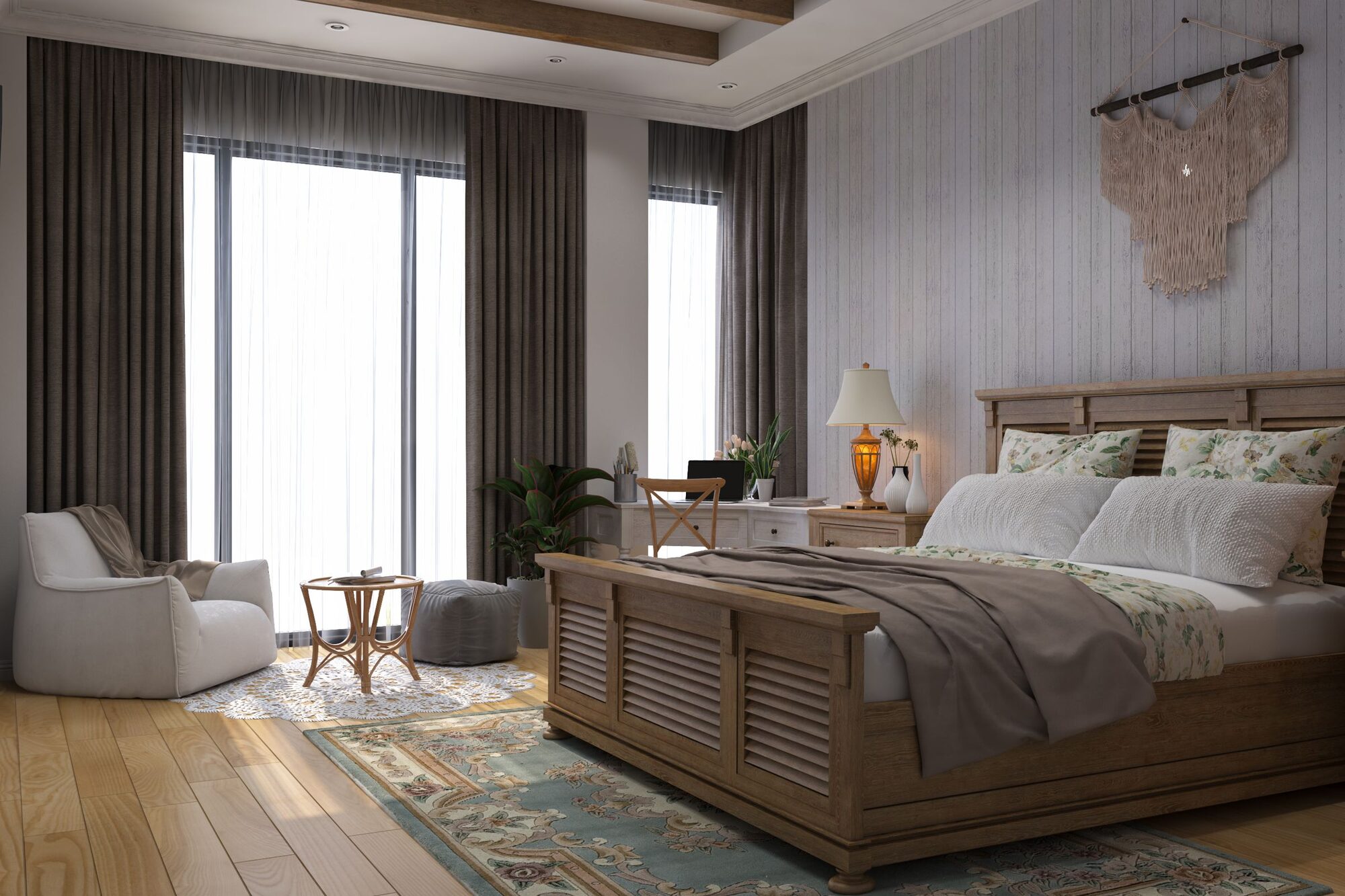 A warm, tidy bedroom with a cozy sitting nook inside the home